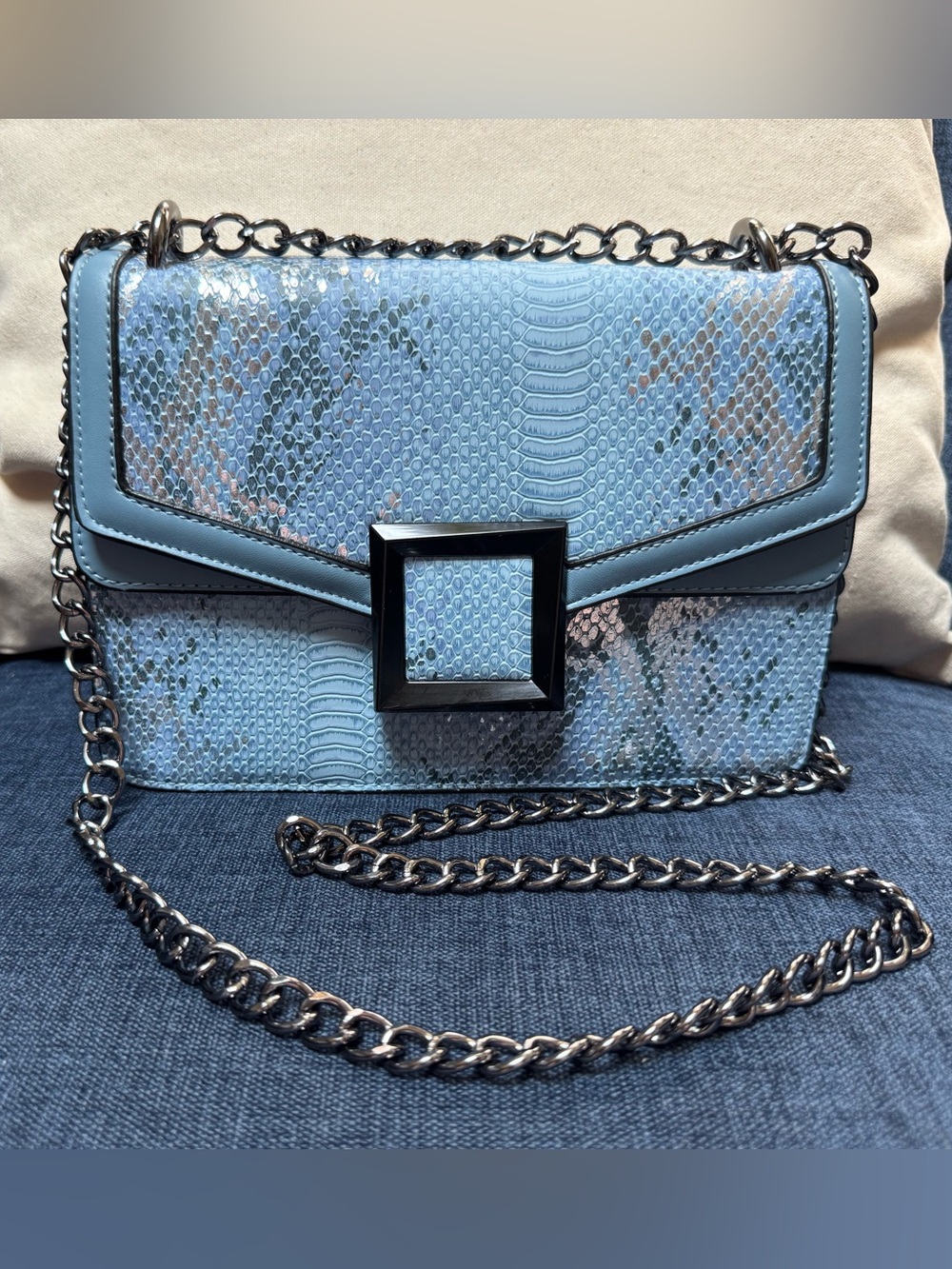 Blue & Silver Faux Snakeskin Chain Shoulder Bag - Unbranded